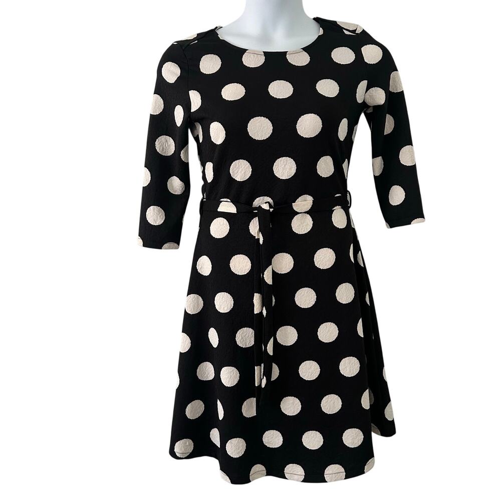 Smashed Lemon Women's Black Polka Dot Tie Waist 3/4 Sleeve Fit and Flare Dress 8